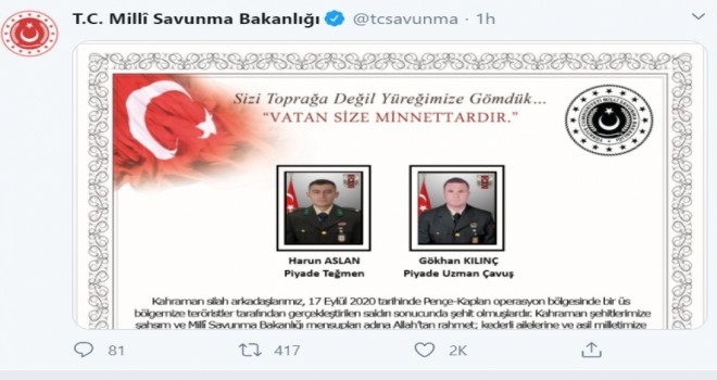 Türkiyə ordusunun iki hərbçisi İraqın şimalında şəhid olub